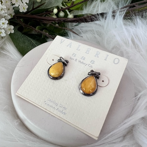 Sterling Silver and Genuine Amber Yellow Teardrop Earrings - Picture 2 of 6